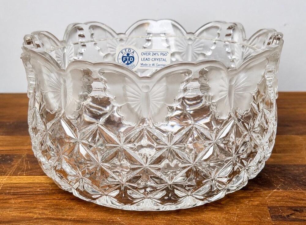 Vintage FTD Lead Crystal Butterfly Bowl | Frosted Candy Dish, West Germany 1980s